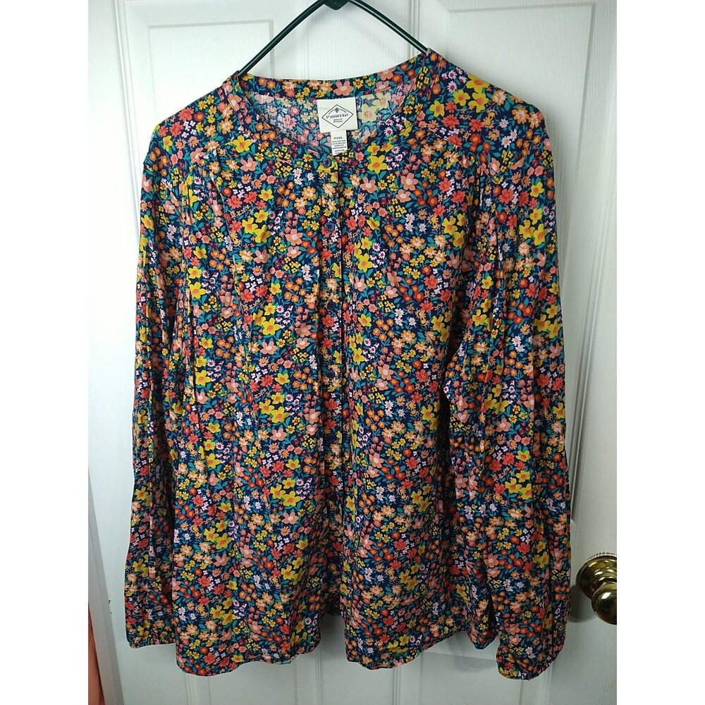 St. Johns Bay Woman XXL Shirt Floral Balloon Sleeve Boho Hippie Retro Workwear